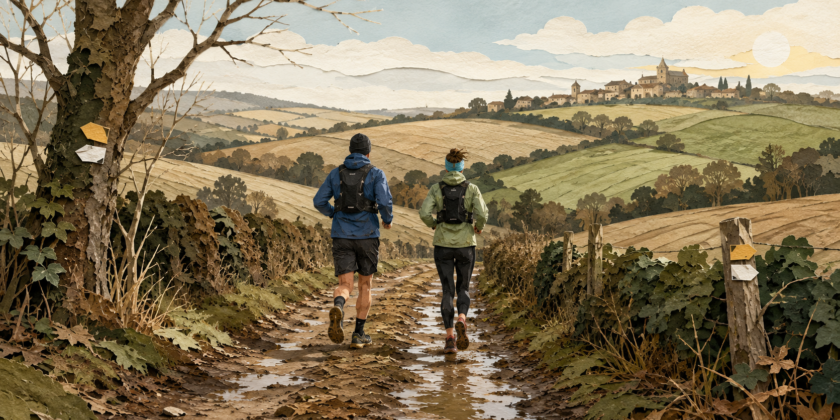 Deux traileurs sur un chemin boueux de Lomagne avec balises, gilets d’hydratation et village au loin.